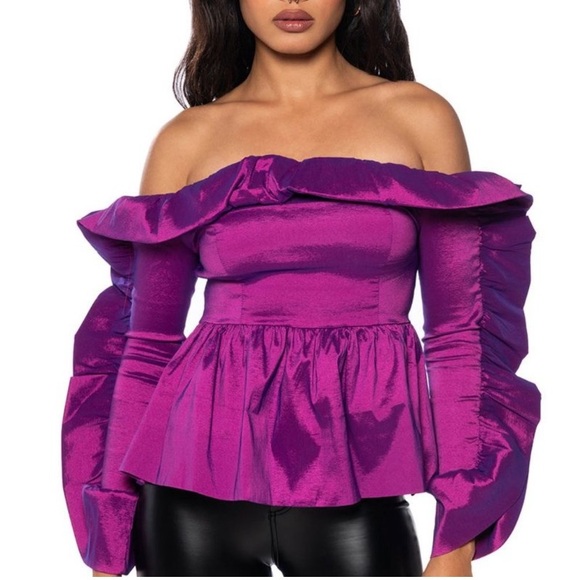 Callie Shimmer:  Slightly Stretchy Taffeta Ruffle Off Shoulder Purple Blouse SM - Picture 6 of 7